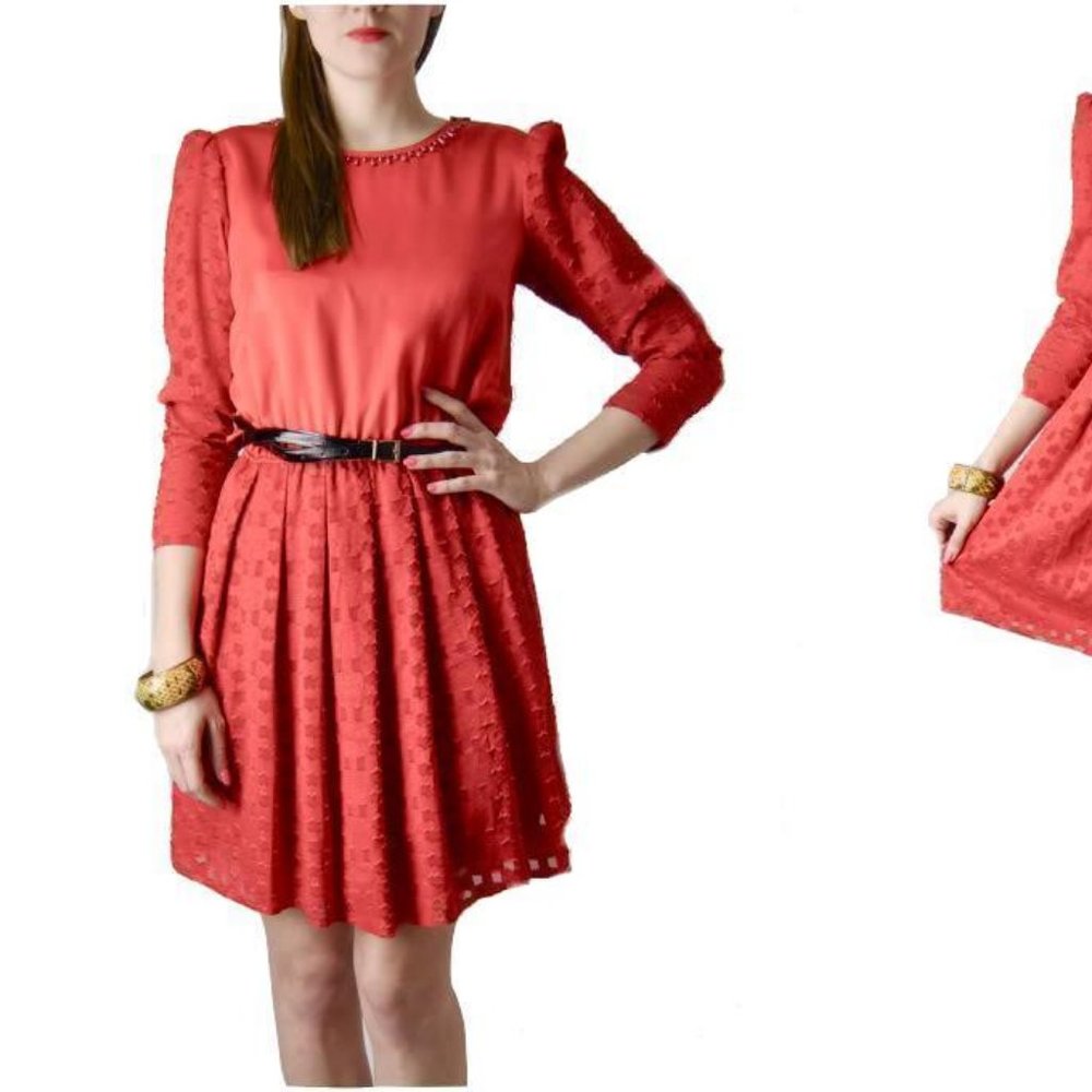 Vintage 70S-80s Secretary Dress Red Fit Flare Pleated Retro Small